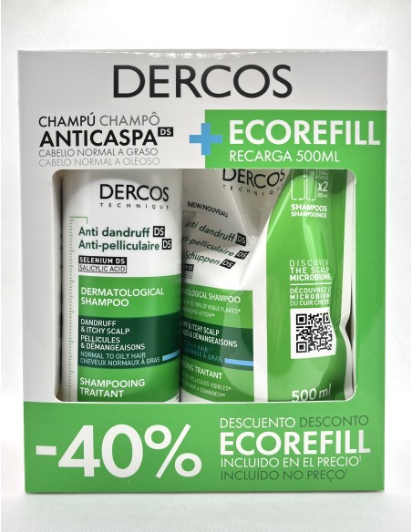 VICHY DERCOS CHAMPU ANTICASPA CABELLO NORMAL A GRASO 400 ML+ RECARGA 500ML