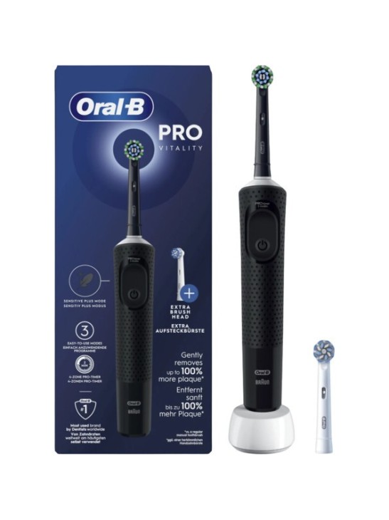 CEPILLO DENTAL ELECTRICO RECARGABLE ORAL-B VITALITY PRO 1 UNIDAD + 2 RECAMBIOS COLOR NEGRO