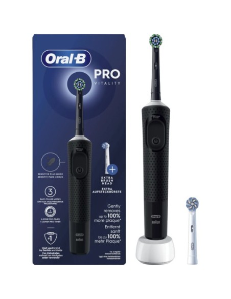 CEPILLO DENTAL ELECTRICO RECARGABLE ORAL-B VITALITY PRO 1 UNIDAD + 2 RECAMBIOS COLOR NEGRO