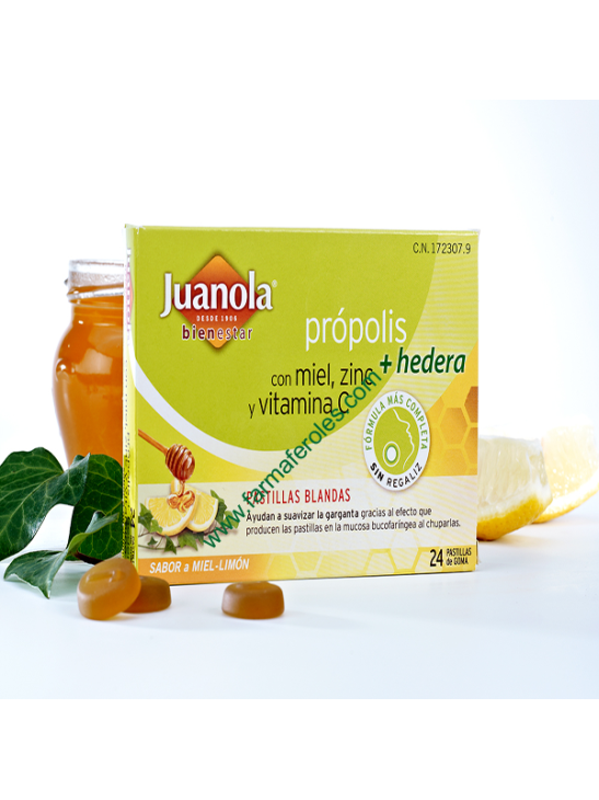 JUANOLA PROPOLIS MIEL HIEDRA ZINC Y VITAMINA C  24 PASTILLAS DE GOMA SABOR MIEL Y LIMON