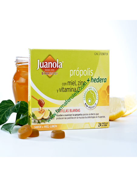 JUANOLA PROPOLIS MIEL HIEDRA ZINC Y VITAMINA C  24 PASTILLAS DE GOMA SABOR MIEL Y LIMON